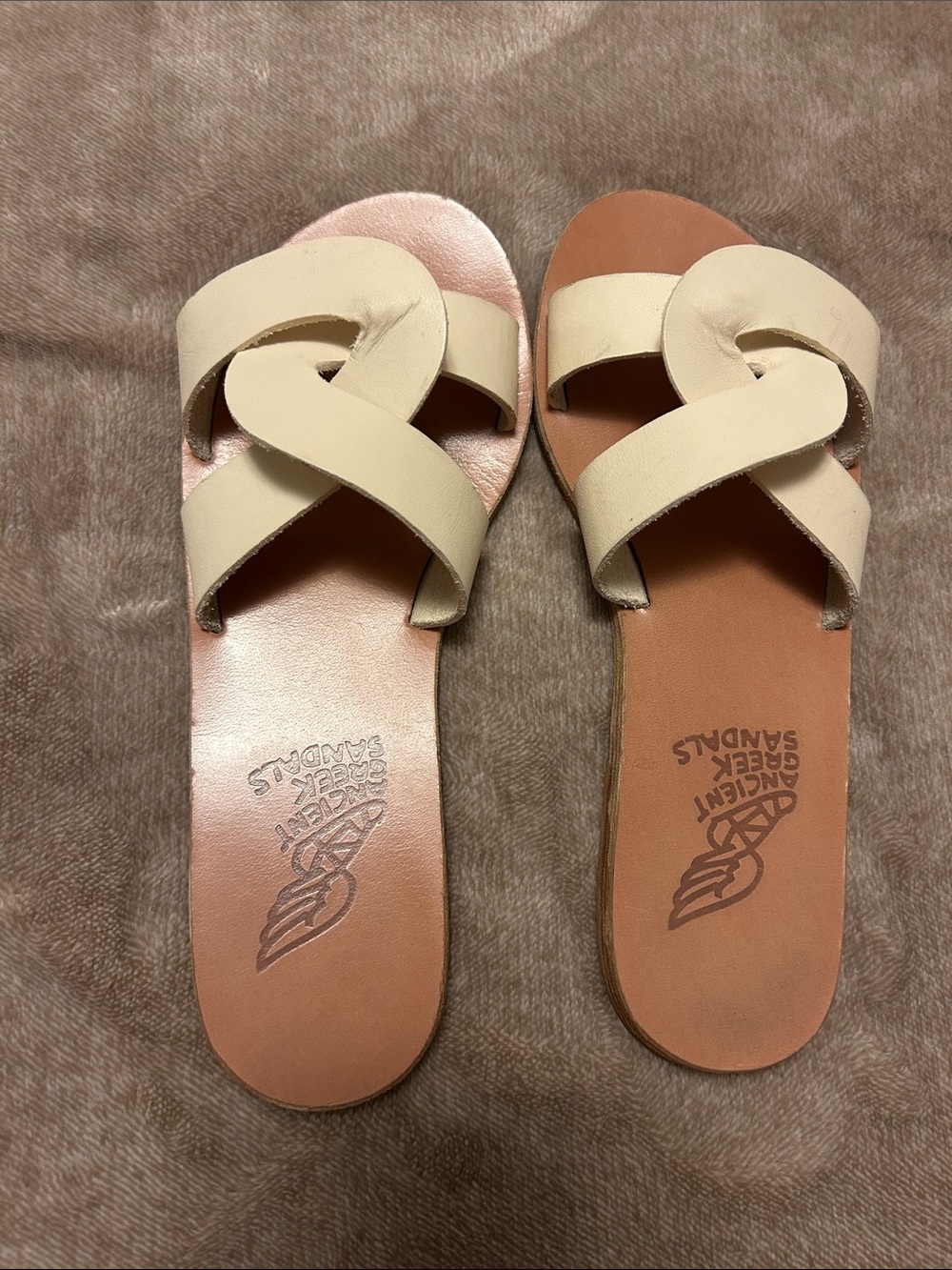 Ancient Greek Sandals Cream Leather Knotted Slide Sandals